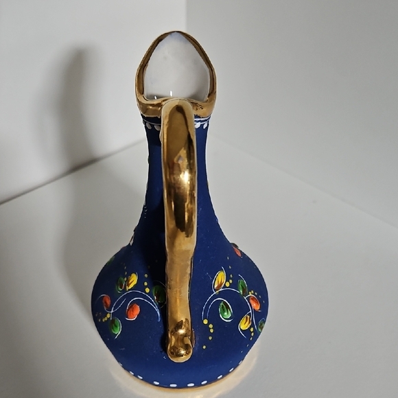 ELPA Alcobaca Portugal Pottery Hand Painted Blue Pitcher/Vase w/Enamel Florals - Picture 5 of 11